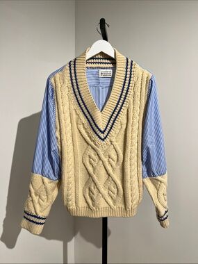 Maison Martin Margiela Cream Cable-Knit V-Neck Sweater with Blue Stripe Accents